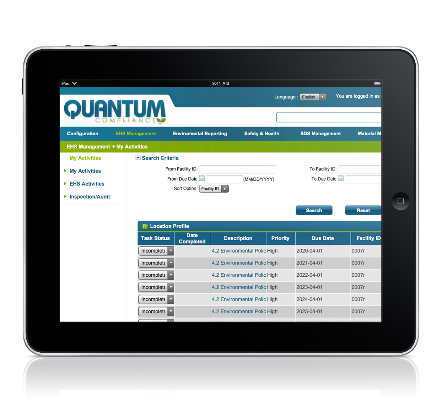 Screenshot of Quantum EHS Management Software on iPad