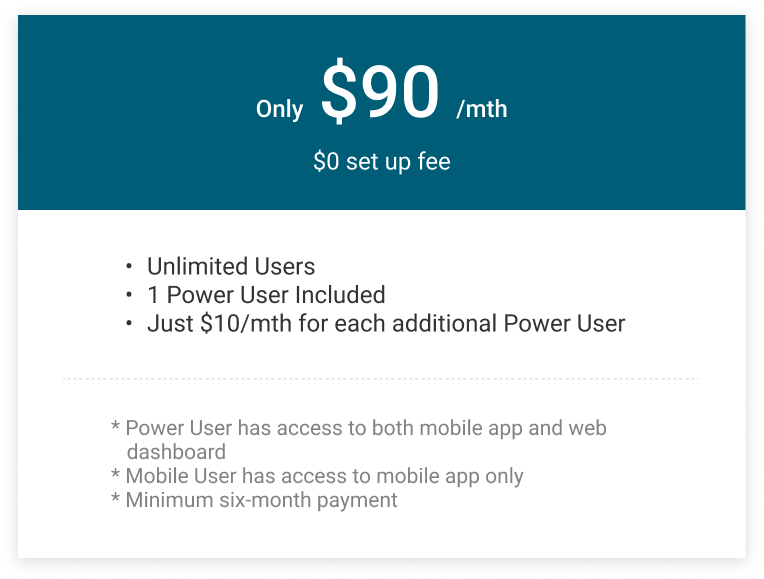 Q-Hazard Reporting App Pricing: only $90 per month with $0 set up fee. This plan includes unlimited users and one power user.