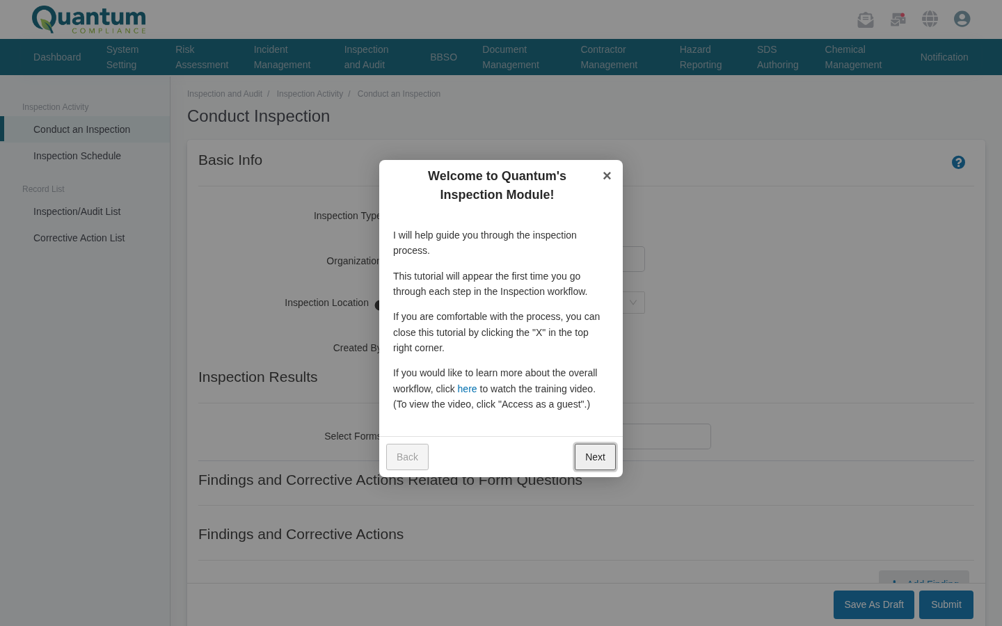 Conducting a mobile safety inspection in Quantum