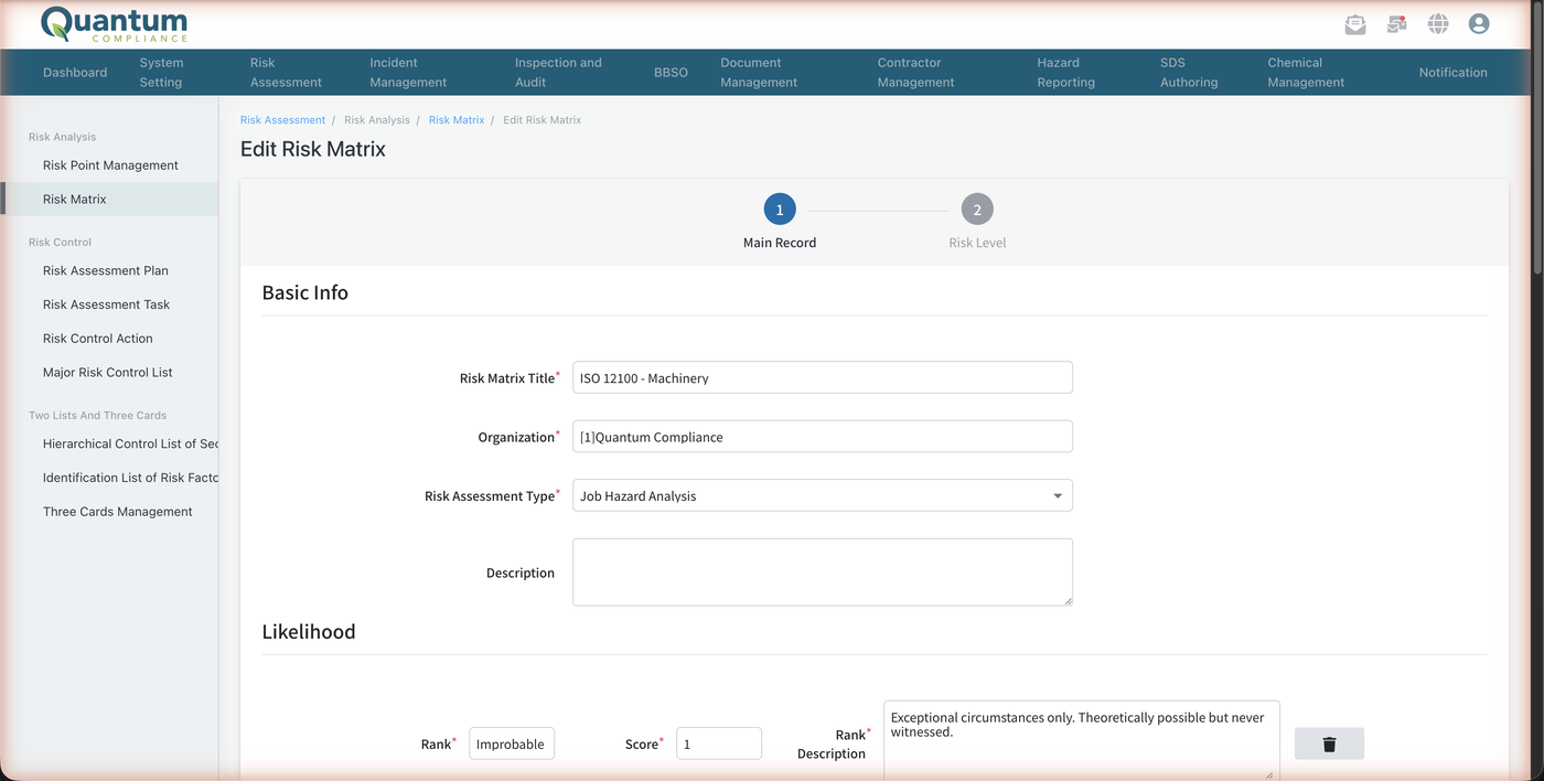 Configurable risk matrix setup with likelihood and severity ranks and risk level bands