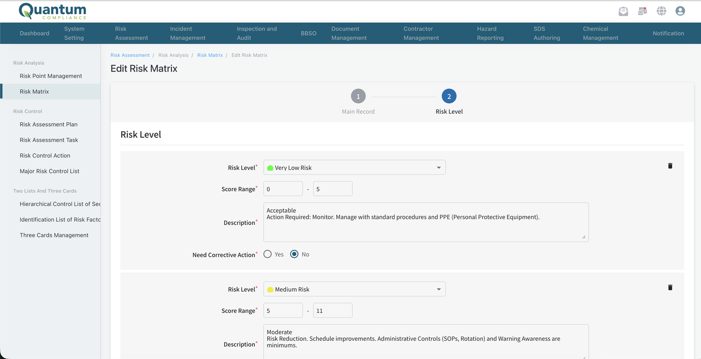 Risk level bands in Quantum risk assessment software with score ranges and handling rules per band