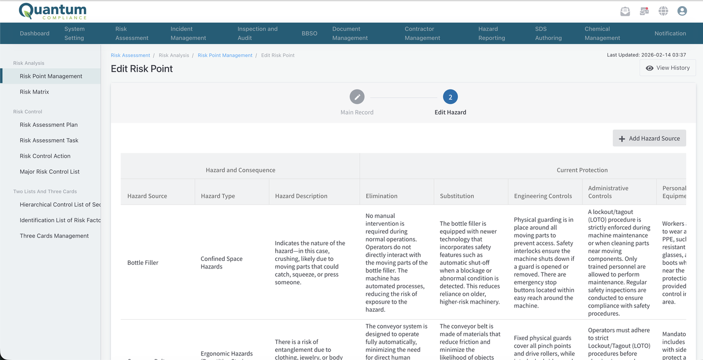 Hazard source editor on a risk point with control measures and auto-calculated risk rank