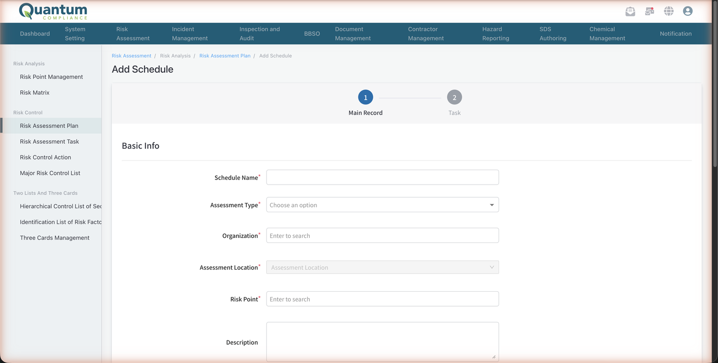Scheduling a recurring risk assessment plan and assigning it to a department