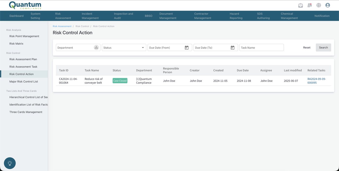 Risk control action list tracking corrective actions from high-risk assessments