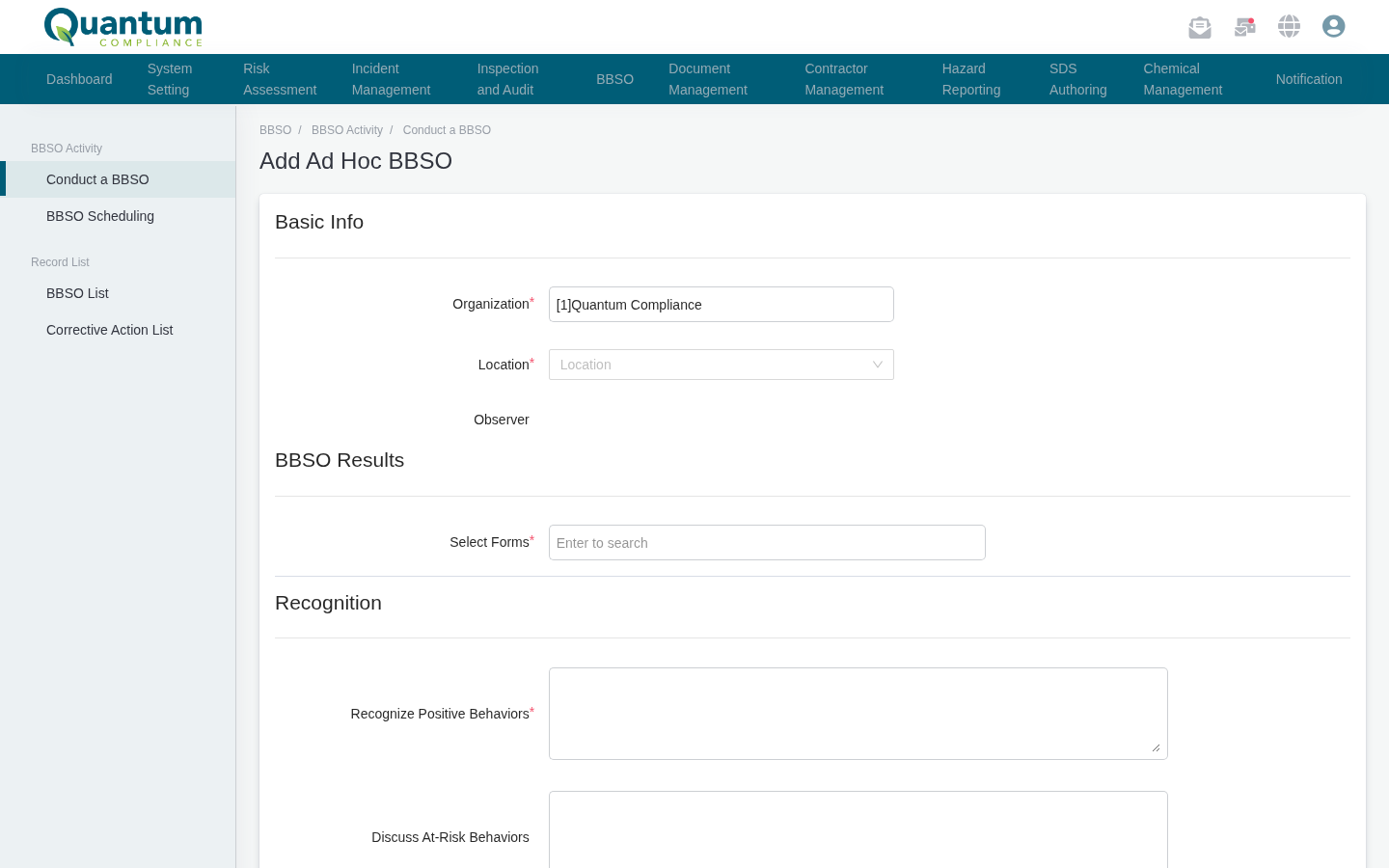 Conduct a BBSO observation form in behavior-based safety software