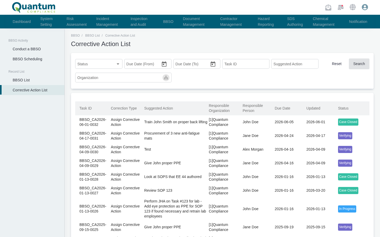 BBSO corrective action list with assignees and due dates