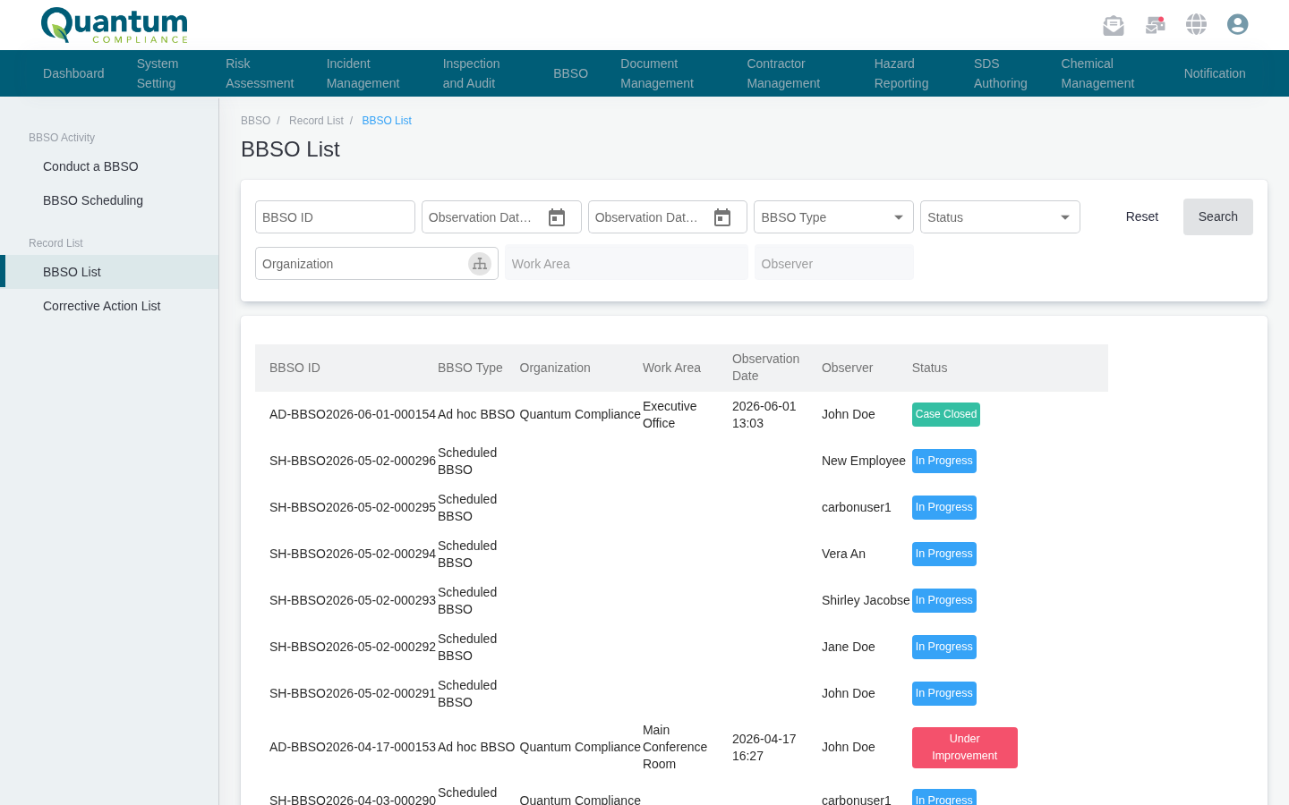 BBSO observation record list with statuses
