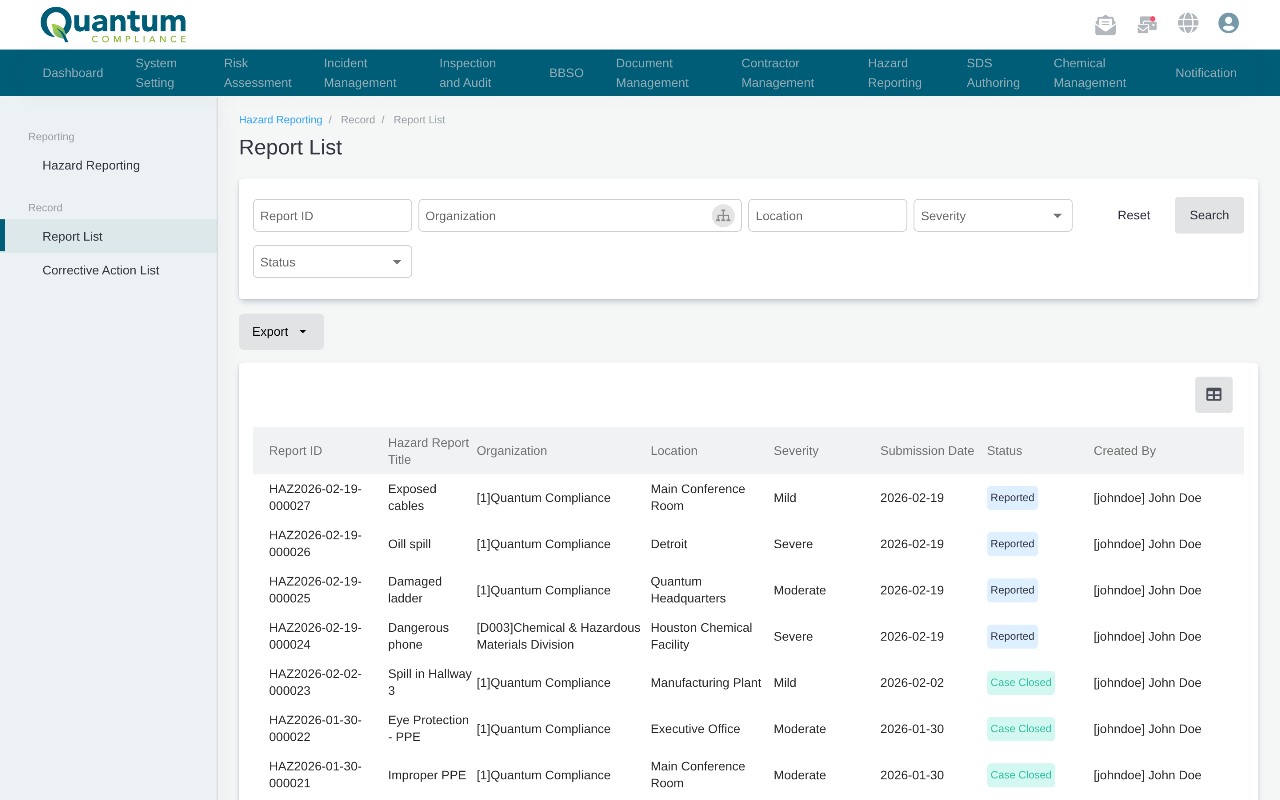 Hazard report list in Quantum hazard reporting software with severity, status, and export
