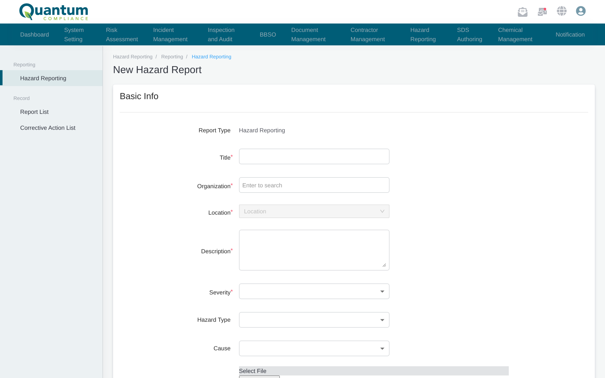 Submitting a new hazard report in Quantum with severity, hazard type, and photo upload
