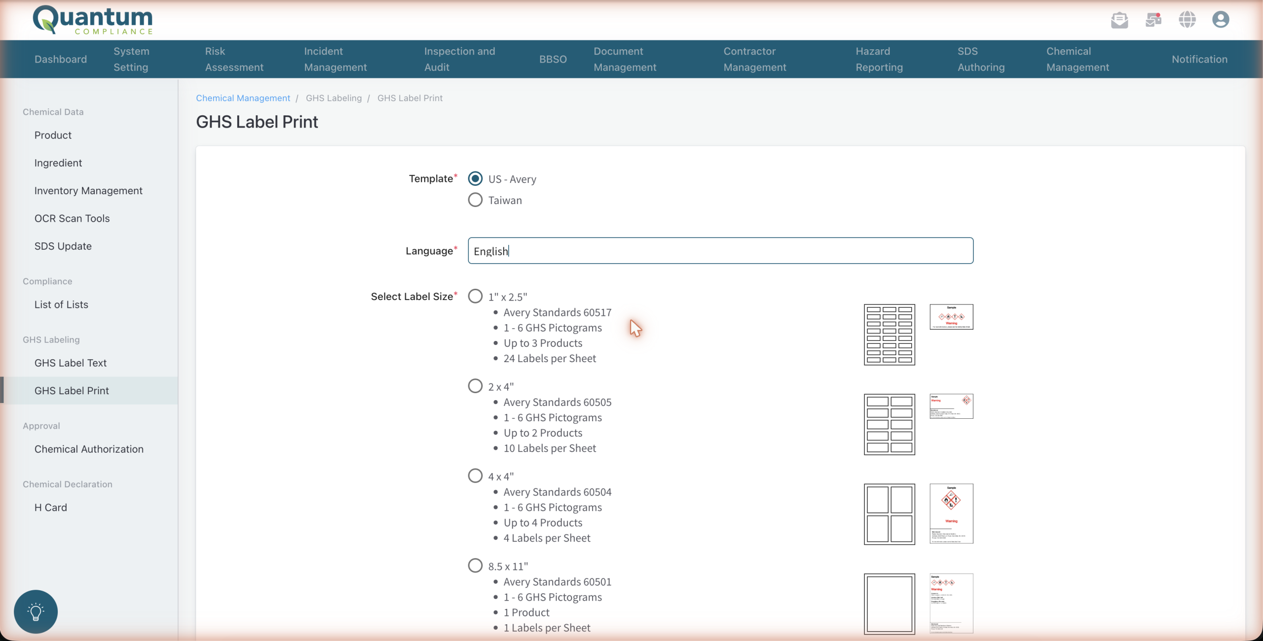 Selecting Avery-calibrated GHS label templates in Quantum chemical management software