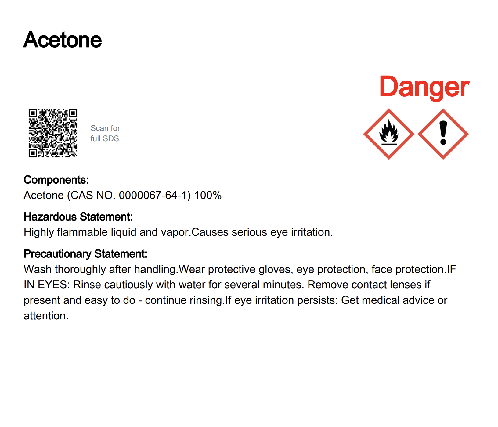 GHS-compliant workplace label generated by Quantum with QR code linking to the full SDS