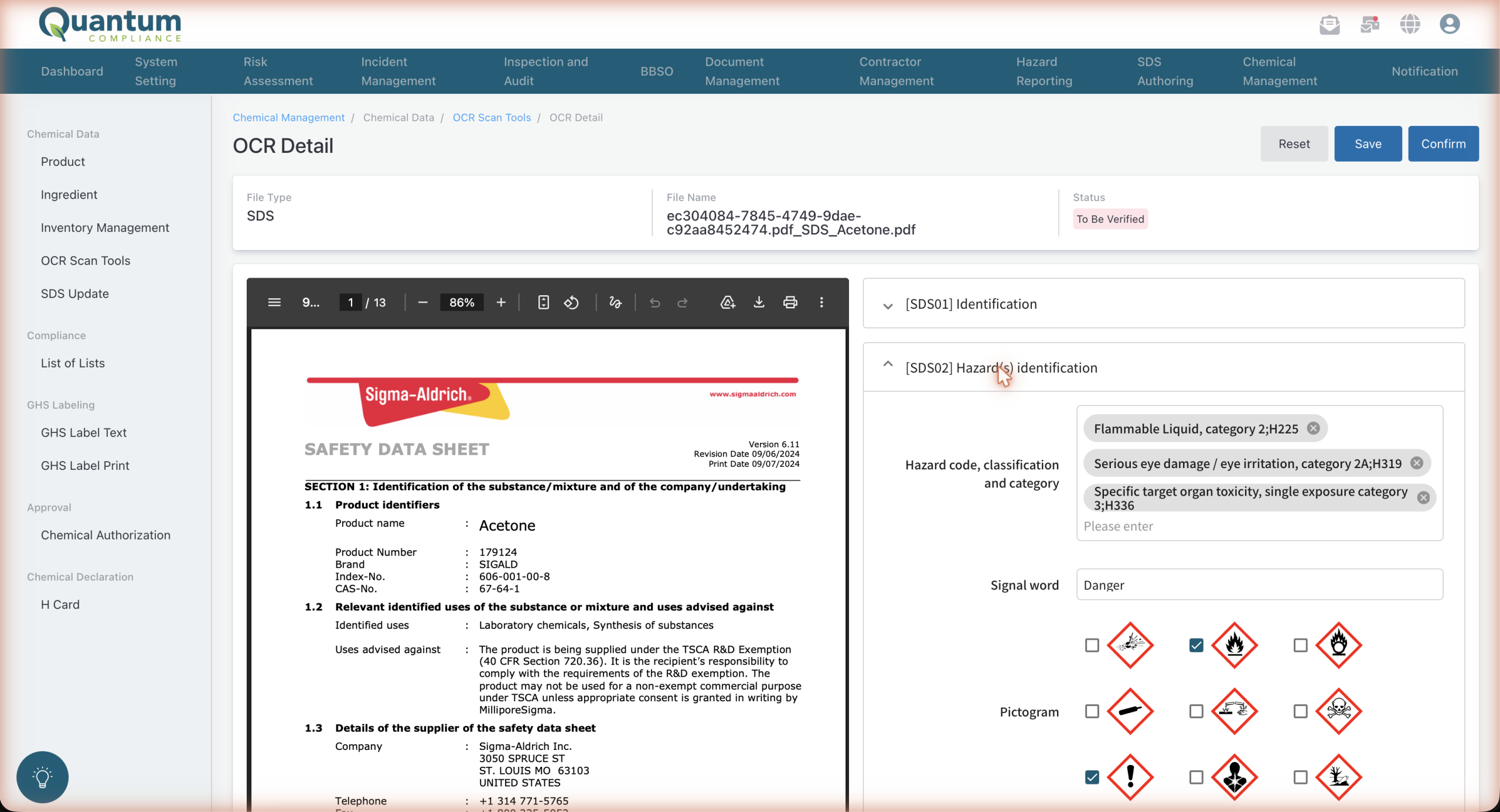 AI-powered SDS import in Quantum extracting hazard codes and GHS pictograms from a safety data sheet