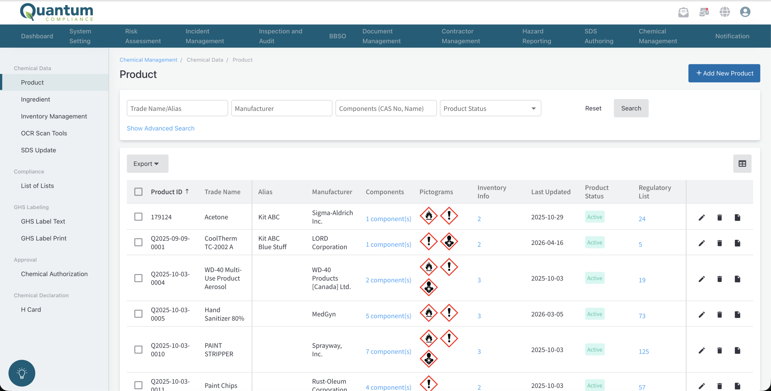 Quantum chemical management software product list showing chemical inventory with GHS pictograms and regulatory list counts