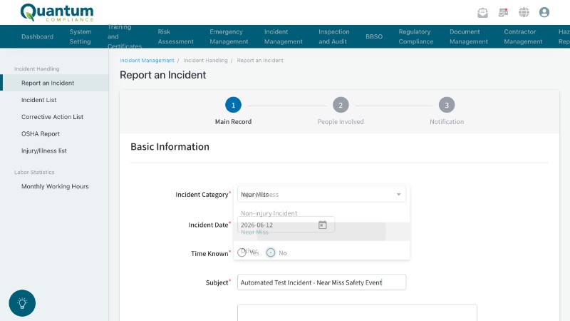 Reporting a workplace incident in Quantum's guided incident form
