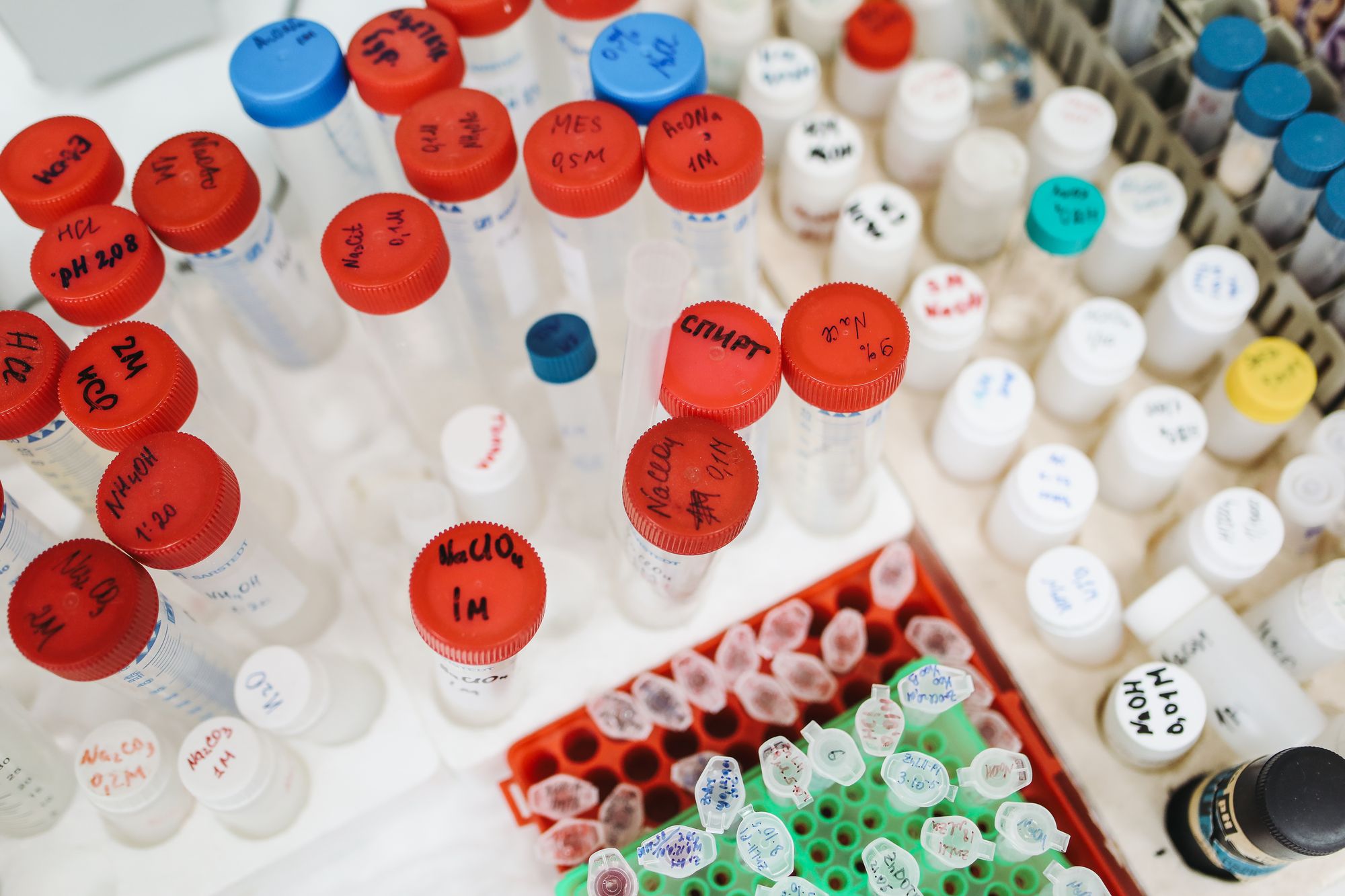 Dozens of chemical containers on a lab bench with chemical names and concentrations written by hand on their caps and sides