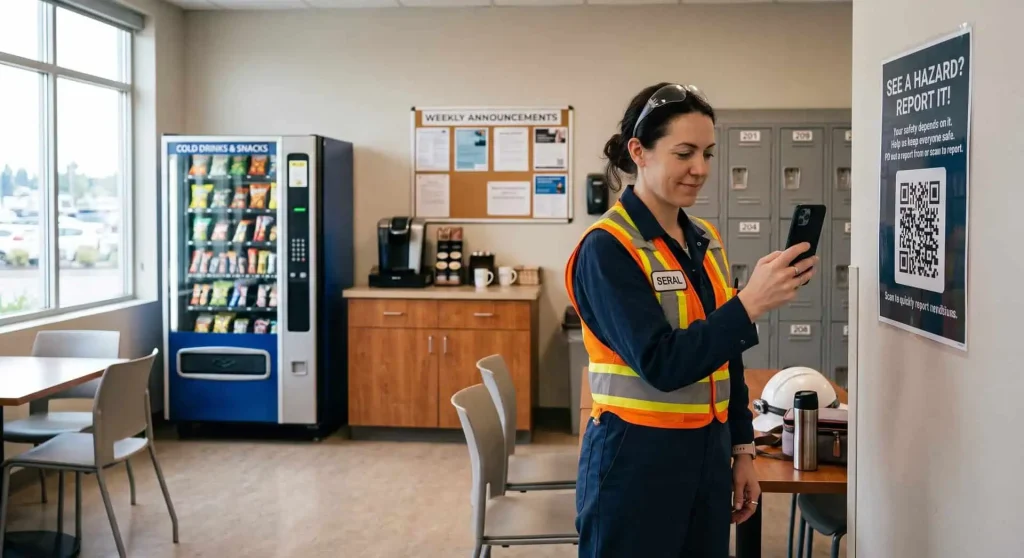 A female worker in the kitchen scanning QR code