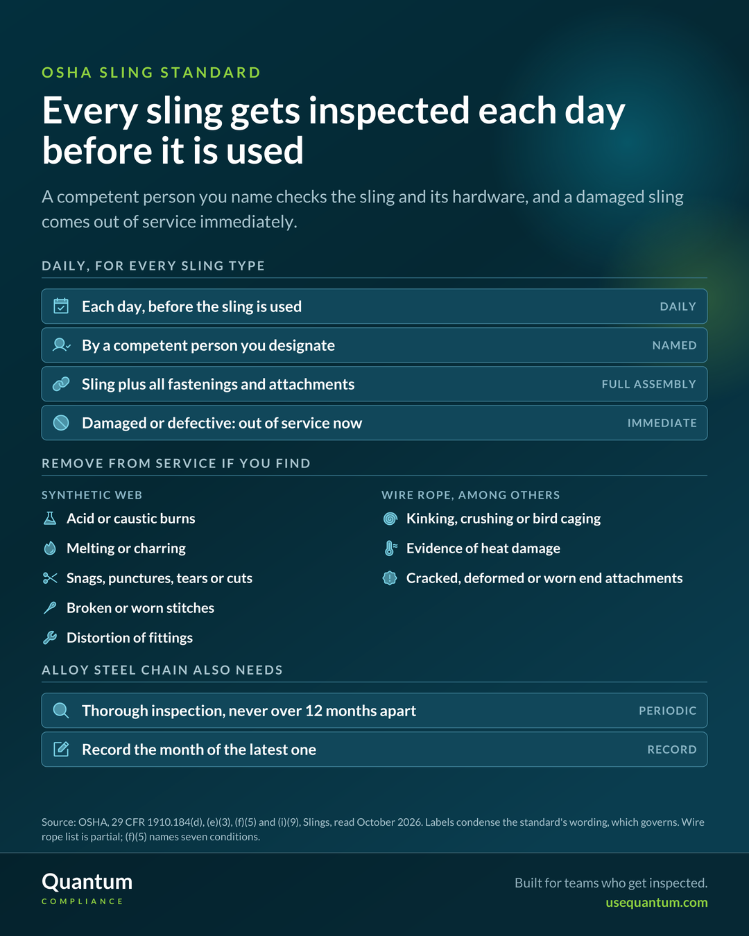 OSHA requires every sling, with all its fastenings and attachments, to be inspected each day before use by a competent person the employer designates, and damaged slings removed from service immediately. Synthetic web slings come out for acid or caustic burns, melting or charring, snags, punctures, tears or cuts, broken or worn stitches, or distorted fittings. Wire rope conditions include kinking, crushing or bird caging, heat damage, and cracked or worn end attachments. Alloy steel chain slings also need a thorough inspection at least every 12 months, with the month recorded. Source: OSHA 29 CFR 1910.184.